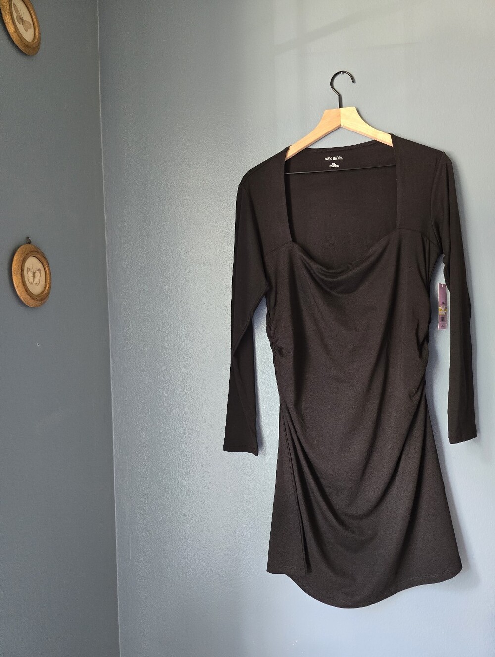 wild fable Black Long-Sleeve Cowl-Neck Ruched Dress